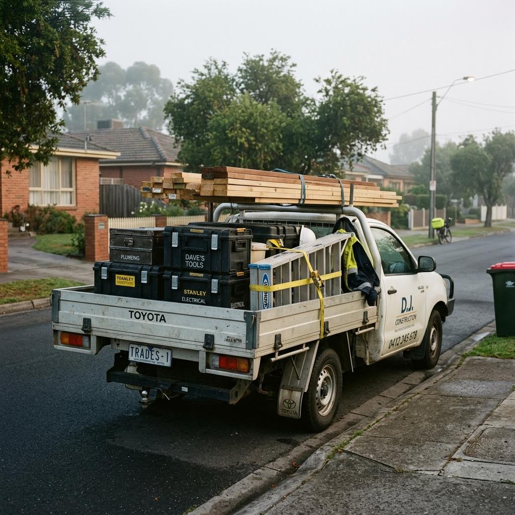 A work ute with an organised tool tray parked on a quiet suburban street at dawn