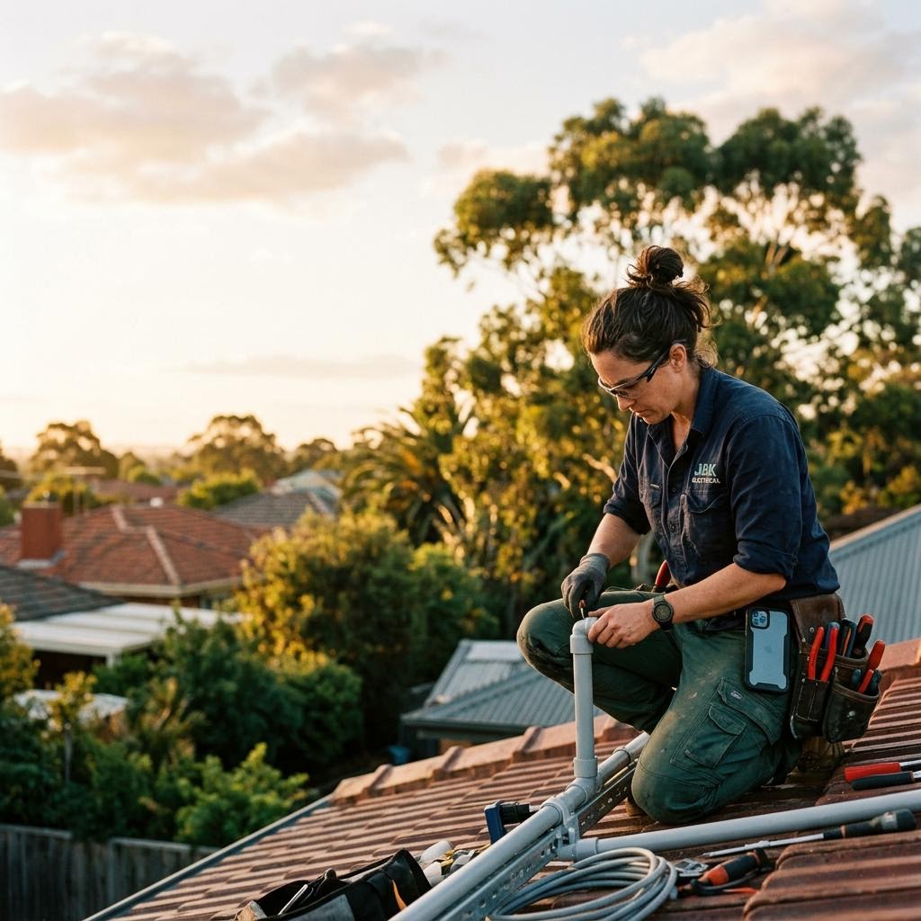Electrician working on a suburban rooftop while their phone stays on their belt