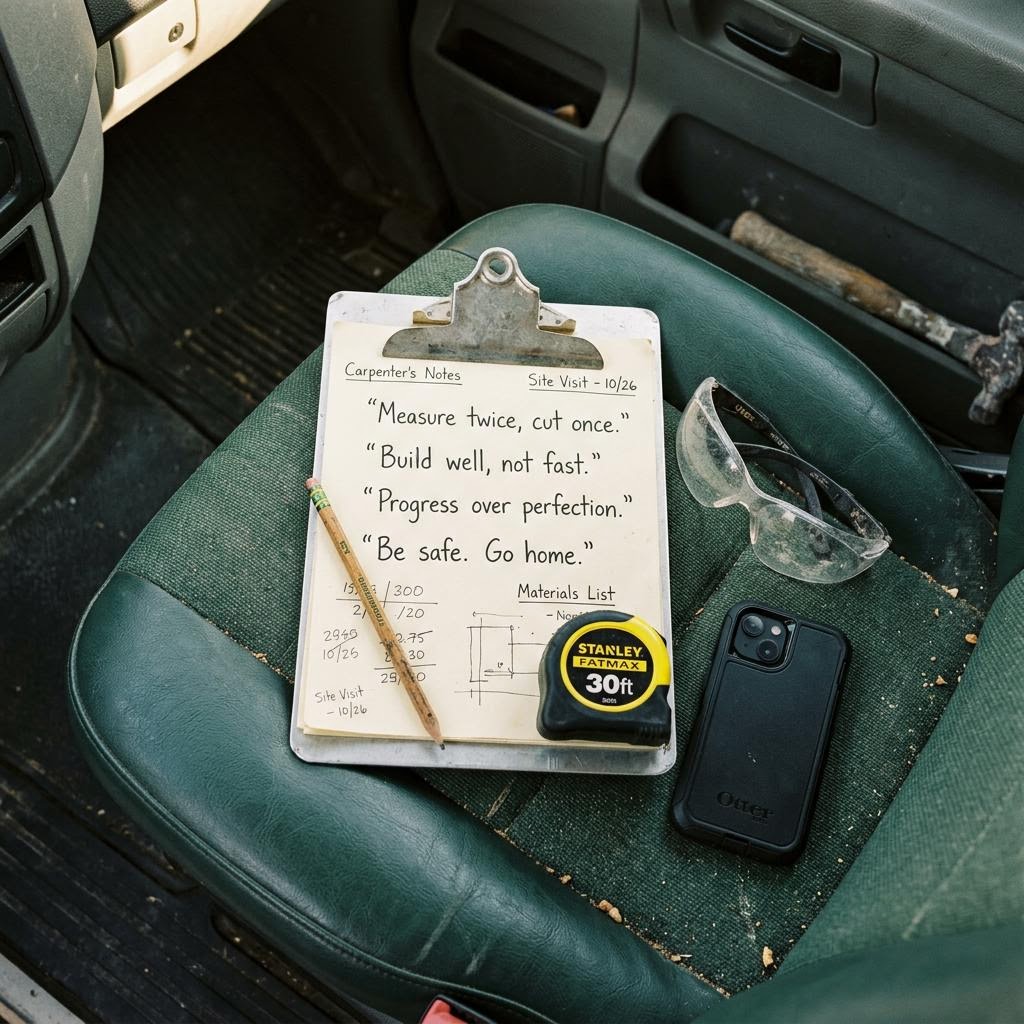 Clipboard of handwritten quotes, tape measure and safety glasses on a work van seat