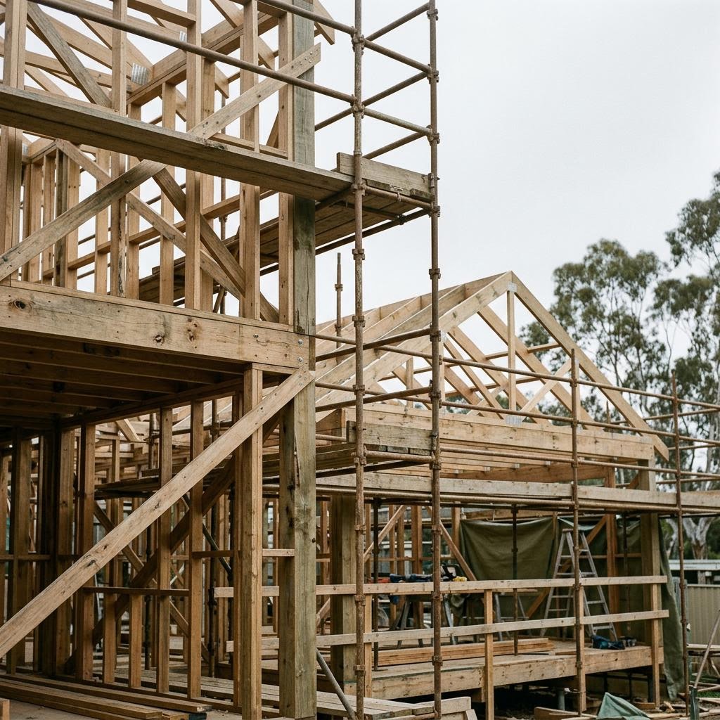 Timber framing and scaffolding on an Australian house build